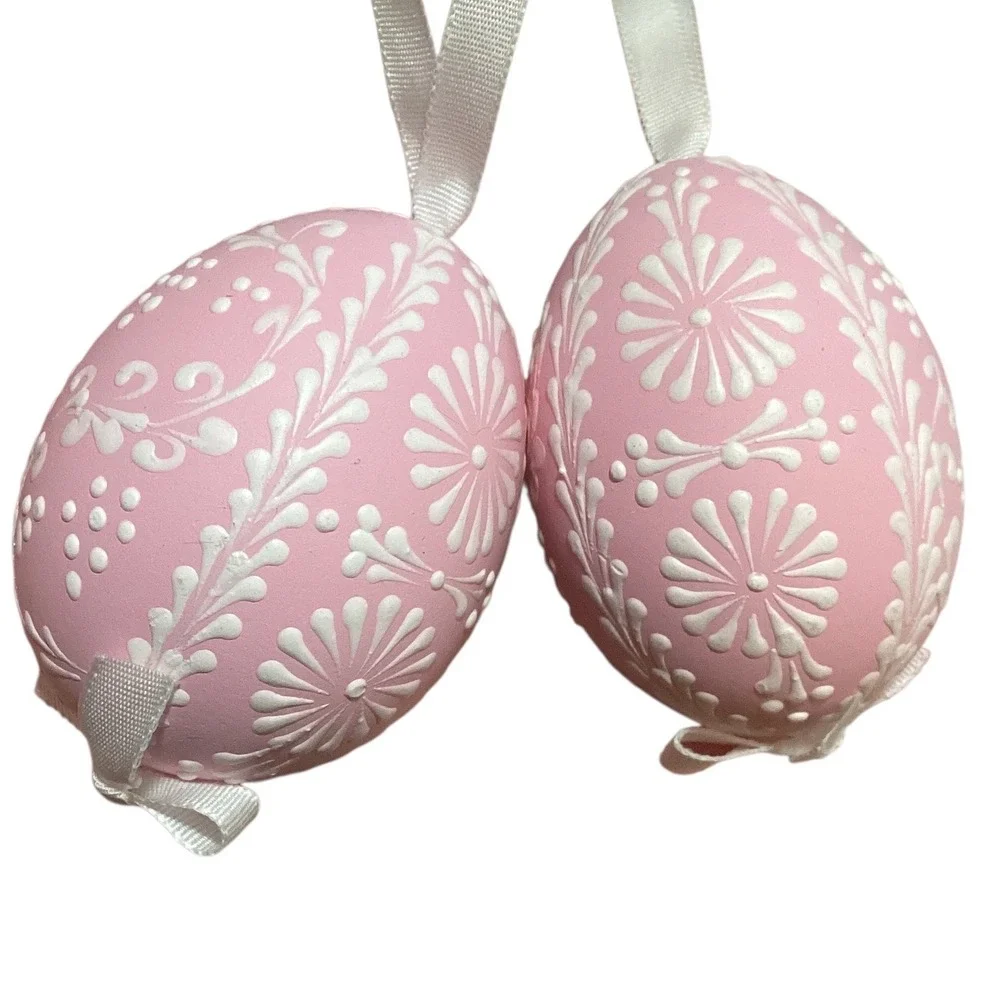 Set of 6 Easter Ornaments Pink Purple Gray Decorative Eggs Hanging Ribbons